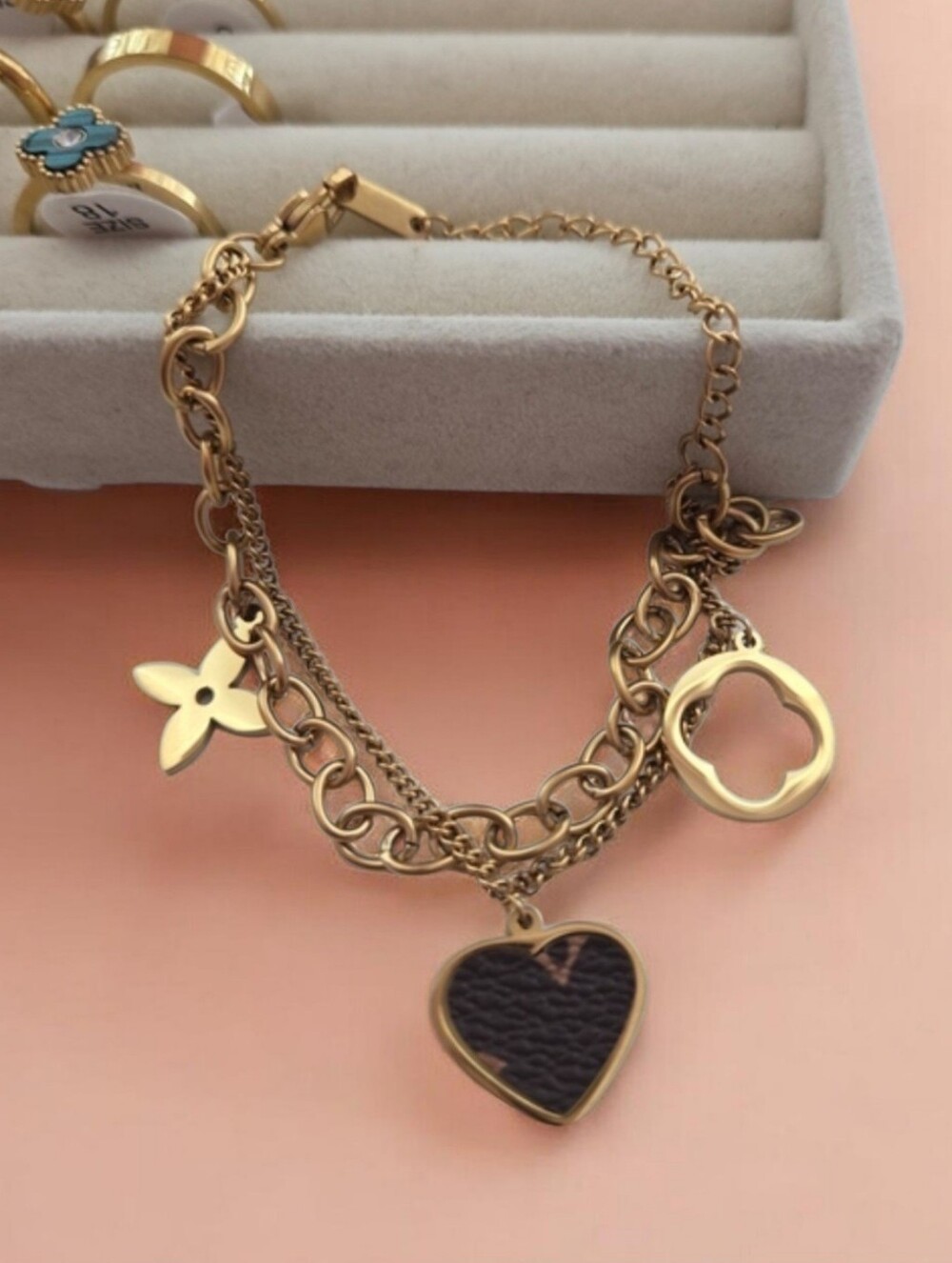 Gold-Tone Heart Charm Bracelet with Brown Leather Inlay